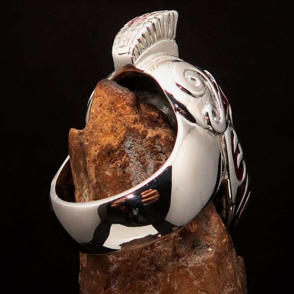 Men's Skull Biker Ring made of solid sterling silver with red enamel accents, featuring a Roman Centurion design.