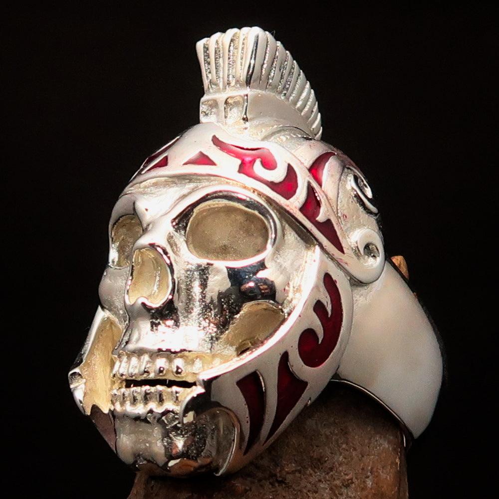 Men's Skull Biker Ring made of solid sterling silver with red enamel accents, featuring a Roman Centurion design.