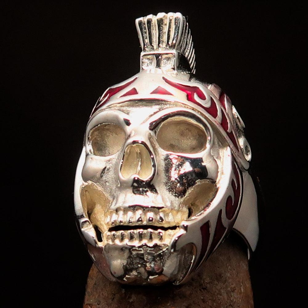 Men's Skull Biker Ring made of solid sterling silver with red enamel accents, featuring a Roman Centurion design.