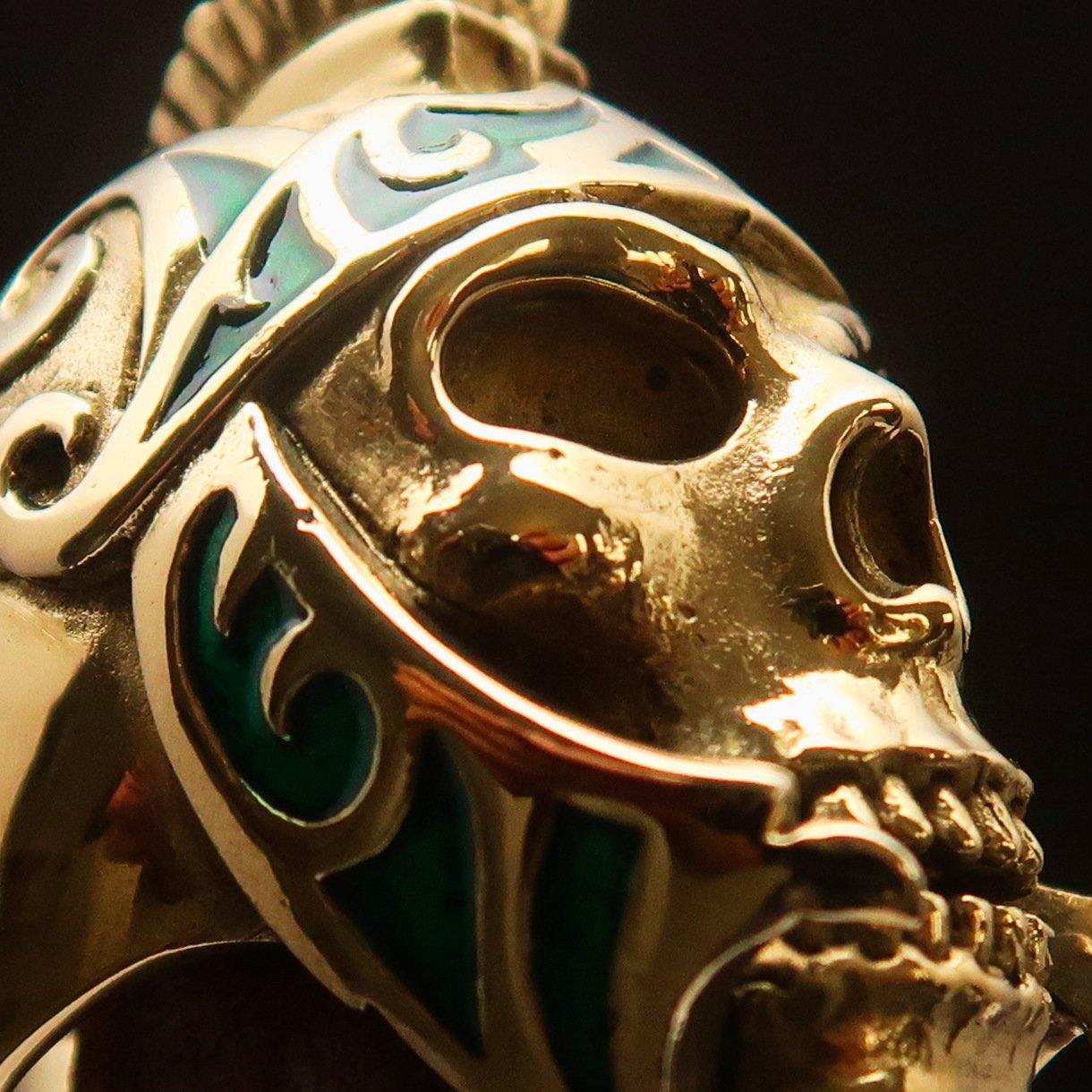 Men's Skull Biker Ring featuring Roman Centurion design with green enamel, crafted from solid brass with a high polished finish.