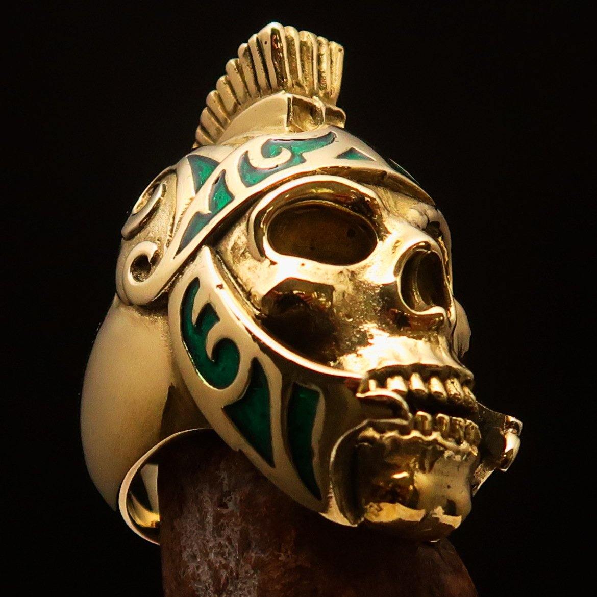 Men's Skull Biker Ring featuring Roman Centurion design with green enamel, crafted from solid brass with a high polished finish.