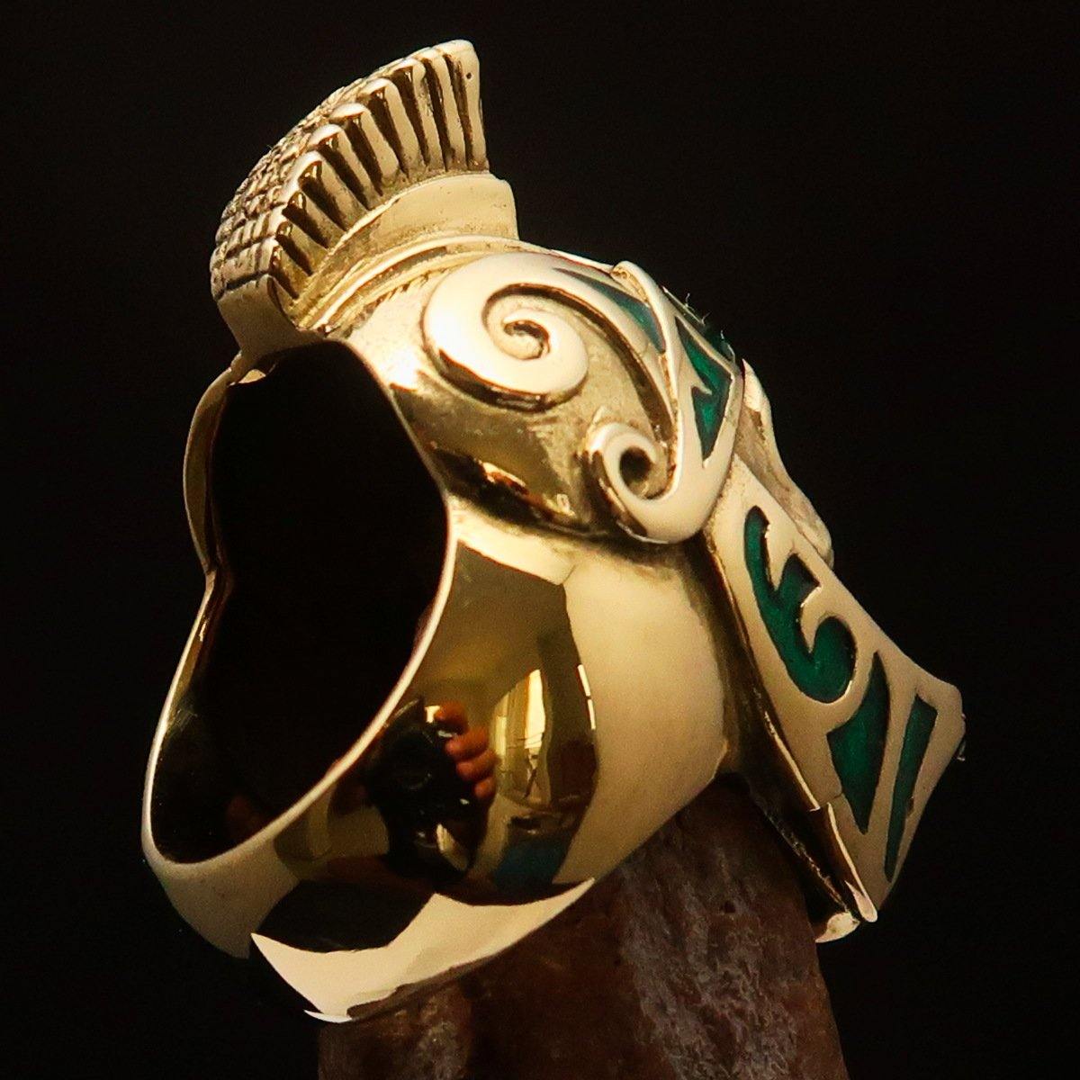 Men's Skull Biker Ring featuring Roman Centurion design with green enamel, crafted from solid brass with a high polished finish.