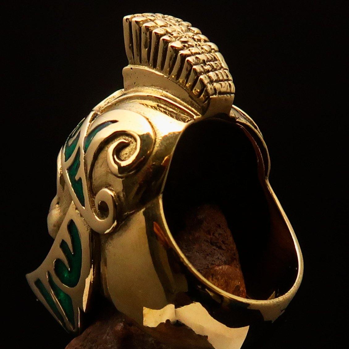 Men's Skull Biker Ring featuring Roman Centurion design with green enamel, crafted from solid brass with a high polished finish.