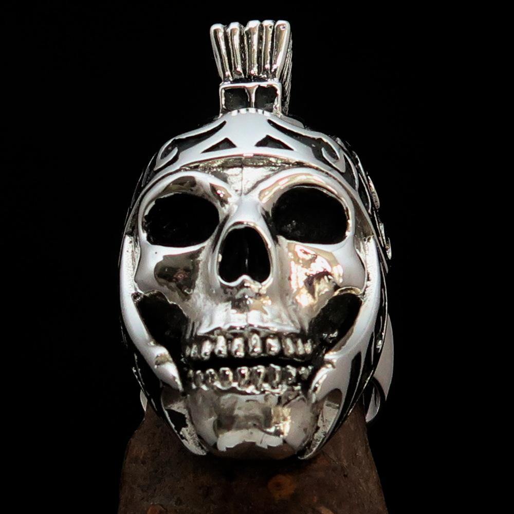 Men's Skull Biker Ring featuring a Roman Centurion design, crafted from solid sterling silver with a polished and antiqued finish.