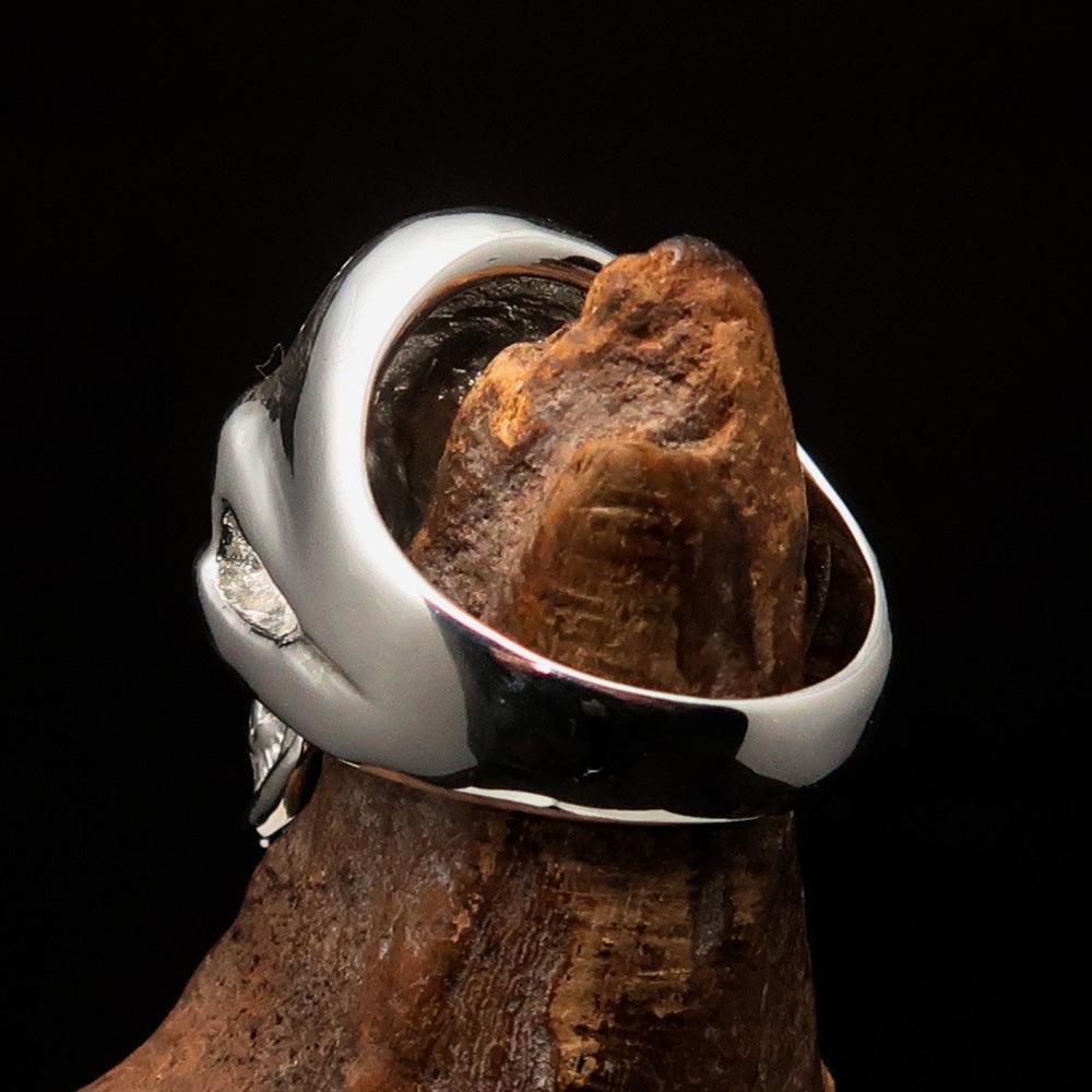 Men's Skull Ring made of sterling silver featuring the Eye of Ra design with black enamel accents.