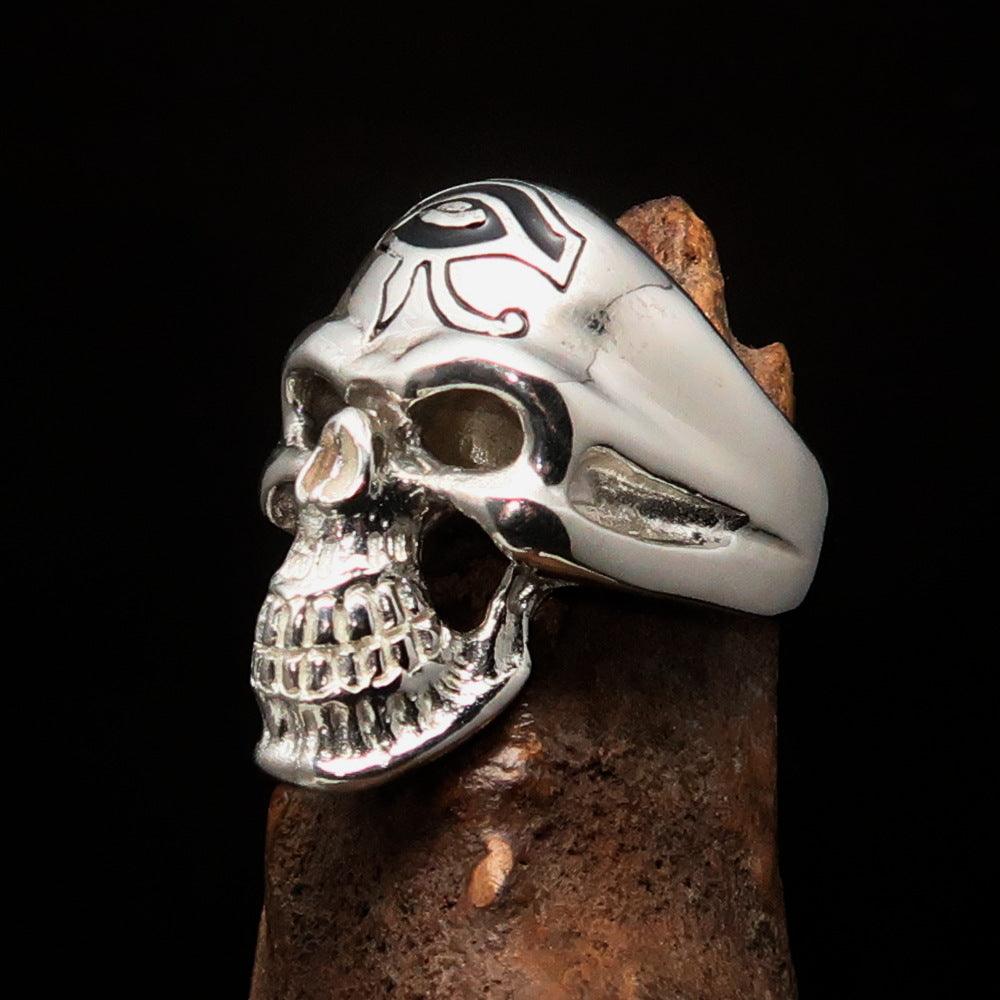 Men's Skull Ring made of sterling silver featuring the Eye of Ra design with black enamel accents.