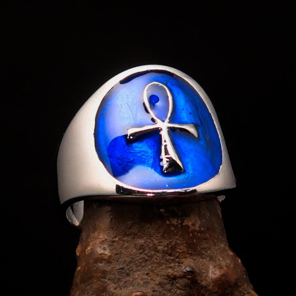 Men's small blue Egyptian Ankh Cross Ring made of solid sterling silver with high polish and blue enamel finish.