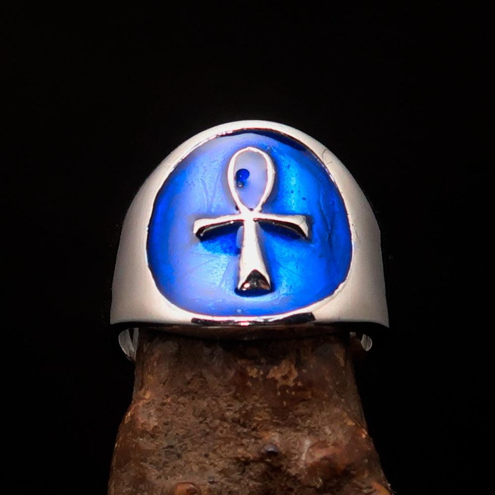 Men's small blue Egyptian Ankh Cross Ring made of solid sterling silver with high polish and blue enamel finish.