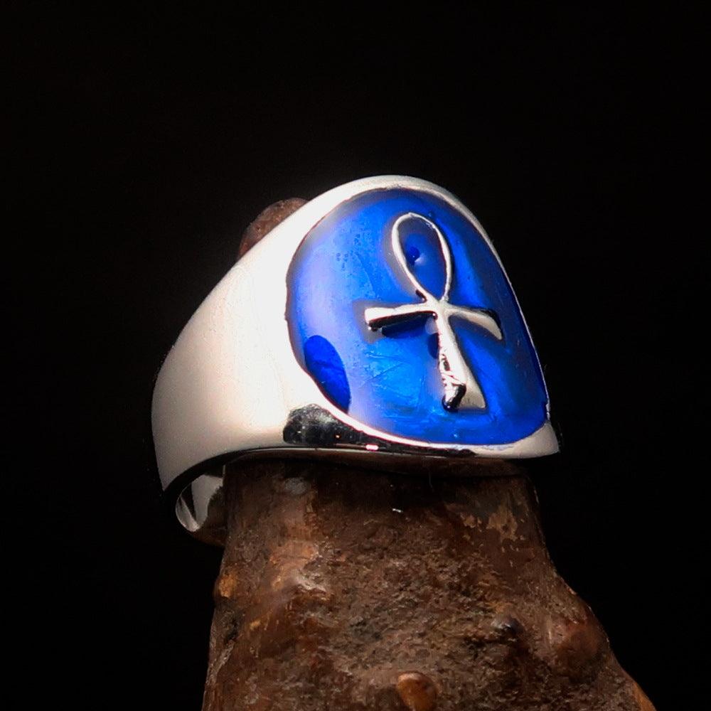 Men's small blue Egyptian Ankh Cross Ring made of solid sterling silver with high polish and blue enamel finish.