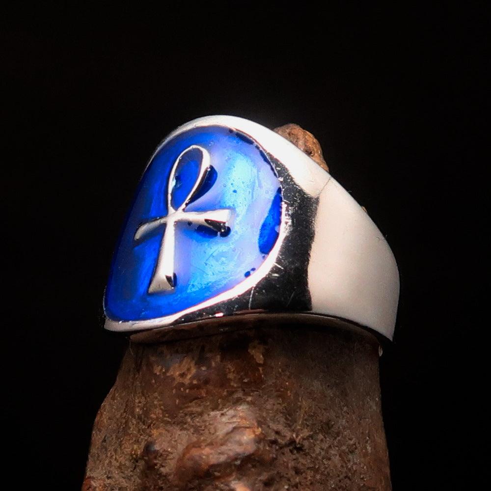 Men's small blue Egyptian Ankh Cross Ring made of solid sterling silver with high polish and blue enamel finish.