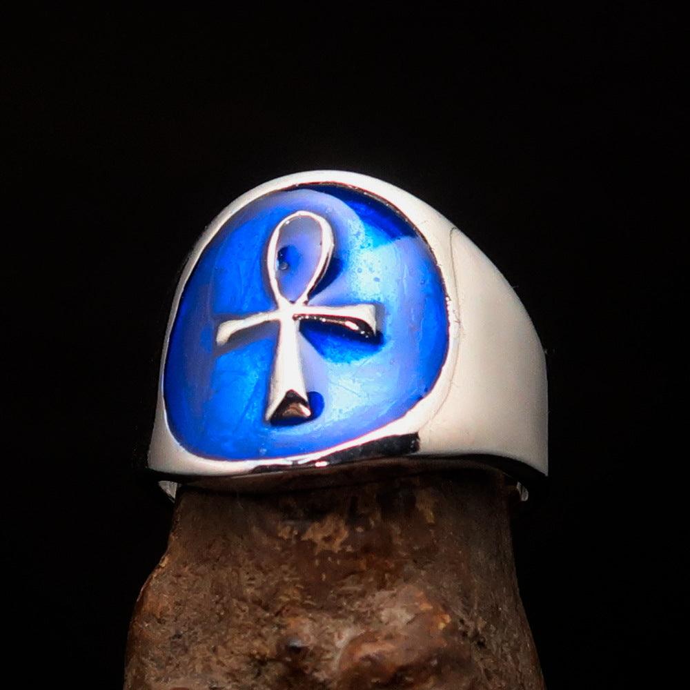 Men's small blue Egyptian Ankh Cross Ring made of solid sterling silver with high polish and blue enamel finish.