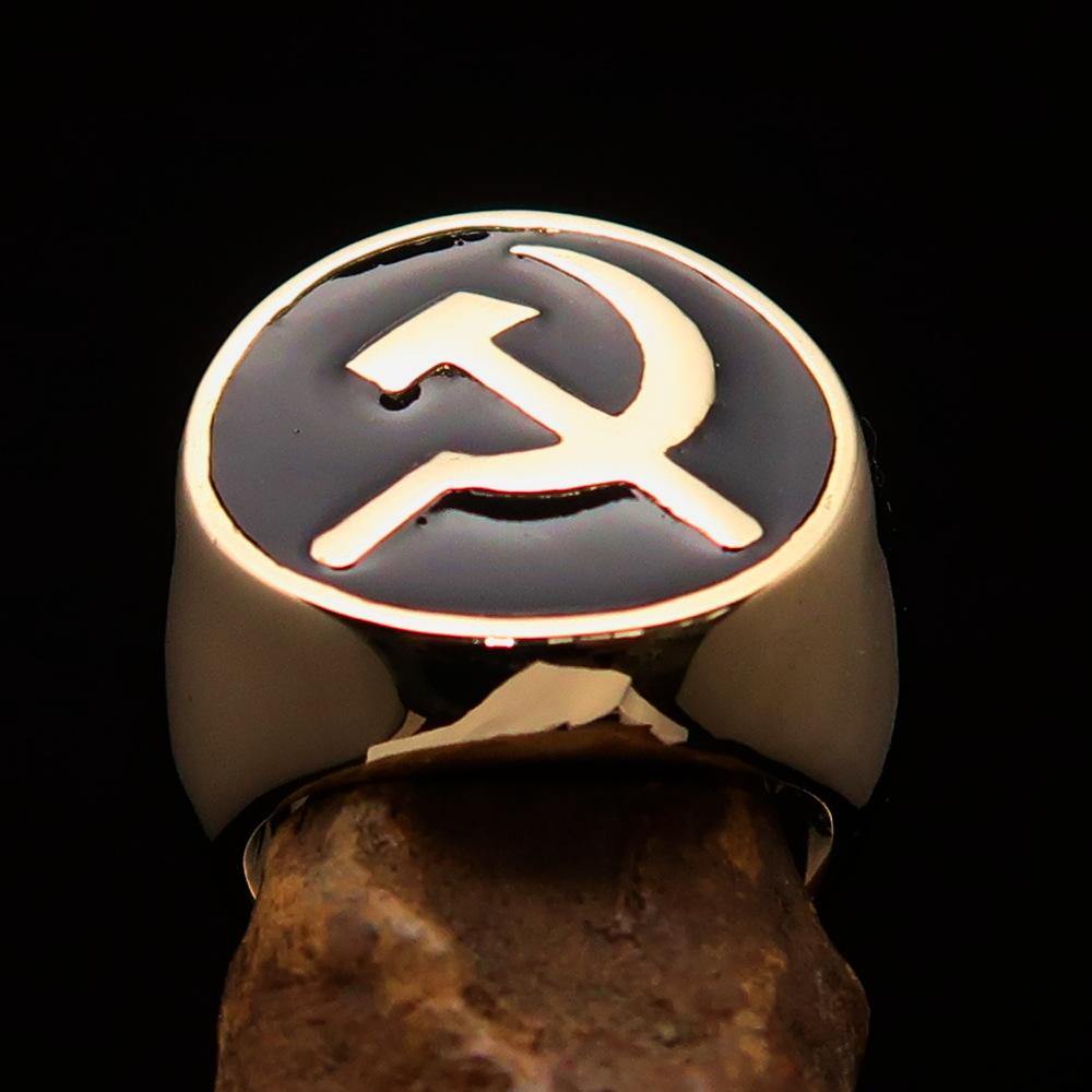 Men's Socialist Ring featuring Hammer and Sickle design, crafted from solid brass with a polished black enamel finish.