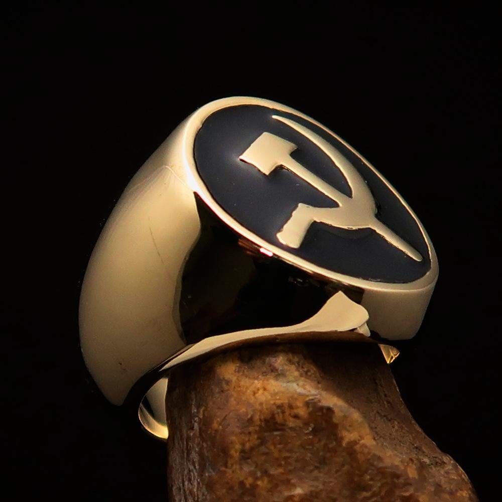 Men's Socialist Ring featuring Hammer and Sickle design, crafted from solid brass with a polished black enamel finish.