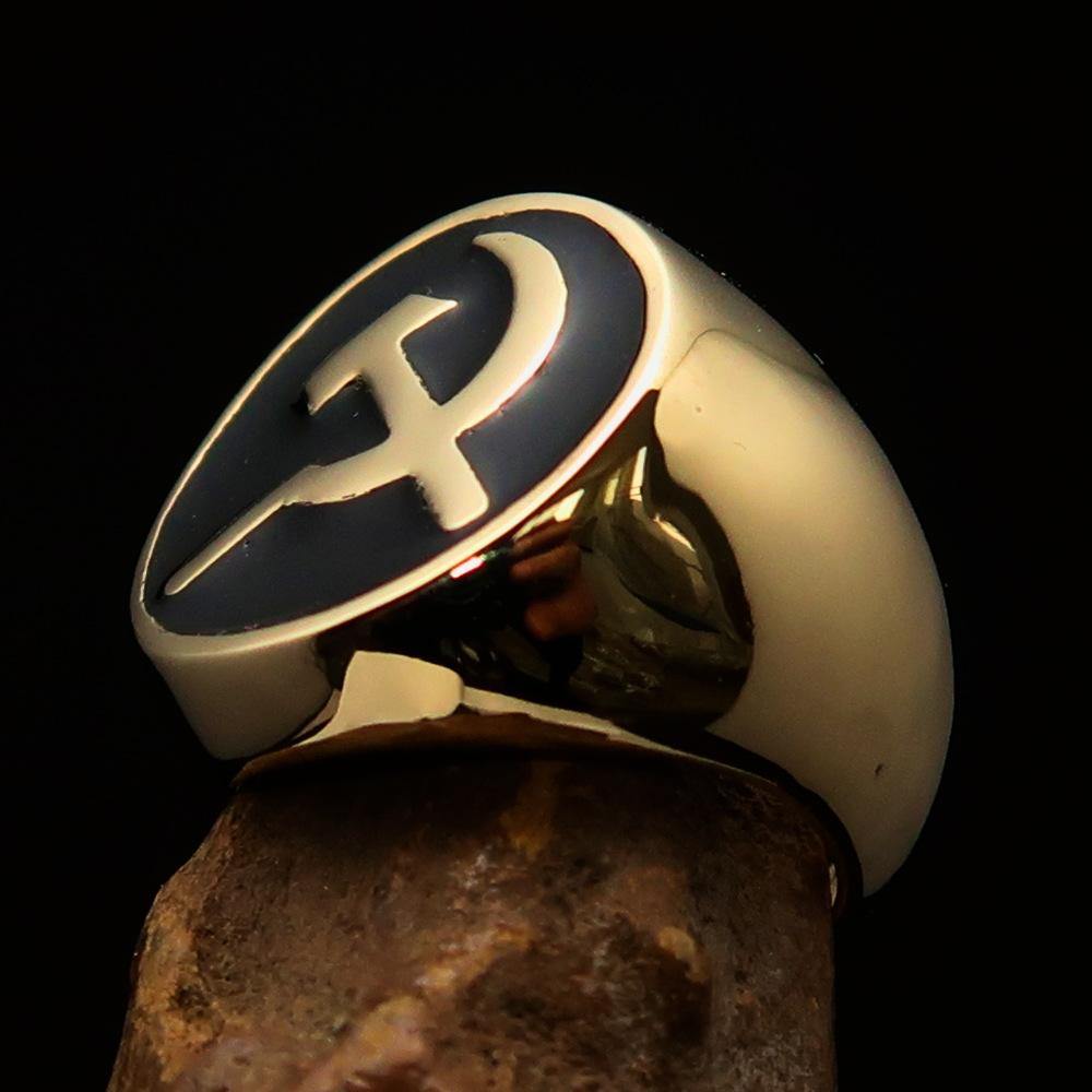 Men's Socialist Ring featuring Hammer and Sickle design, crafted from solid brass with a polished black enamel finish.