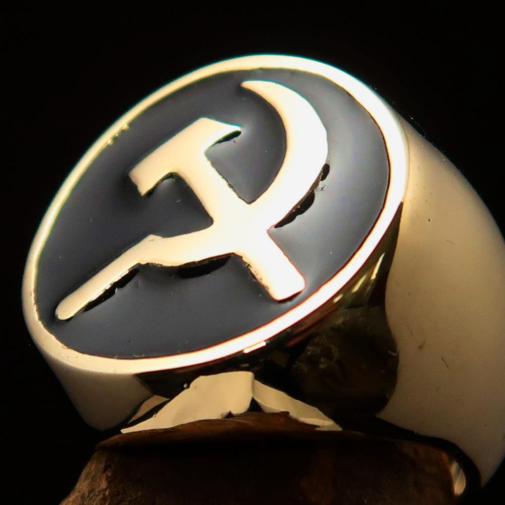 Men's Socialist Ring featuring Hammer and Sickle design, crafted from solid brass with a polished black enamel finish.