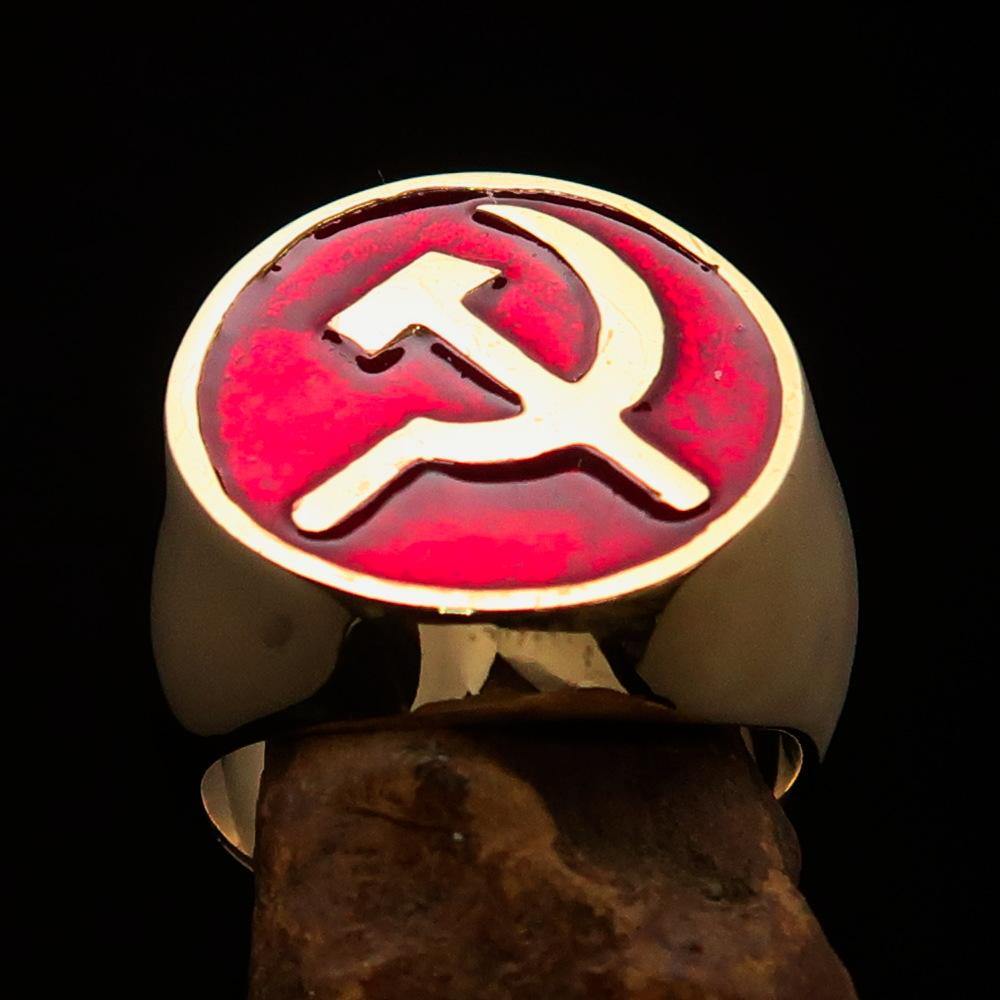 Men's Socialist Ring featuring Hammer and Sickle design, crafted from solid brass with a polished finish and red enamel.