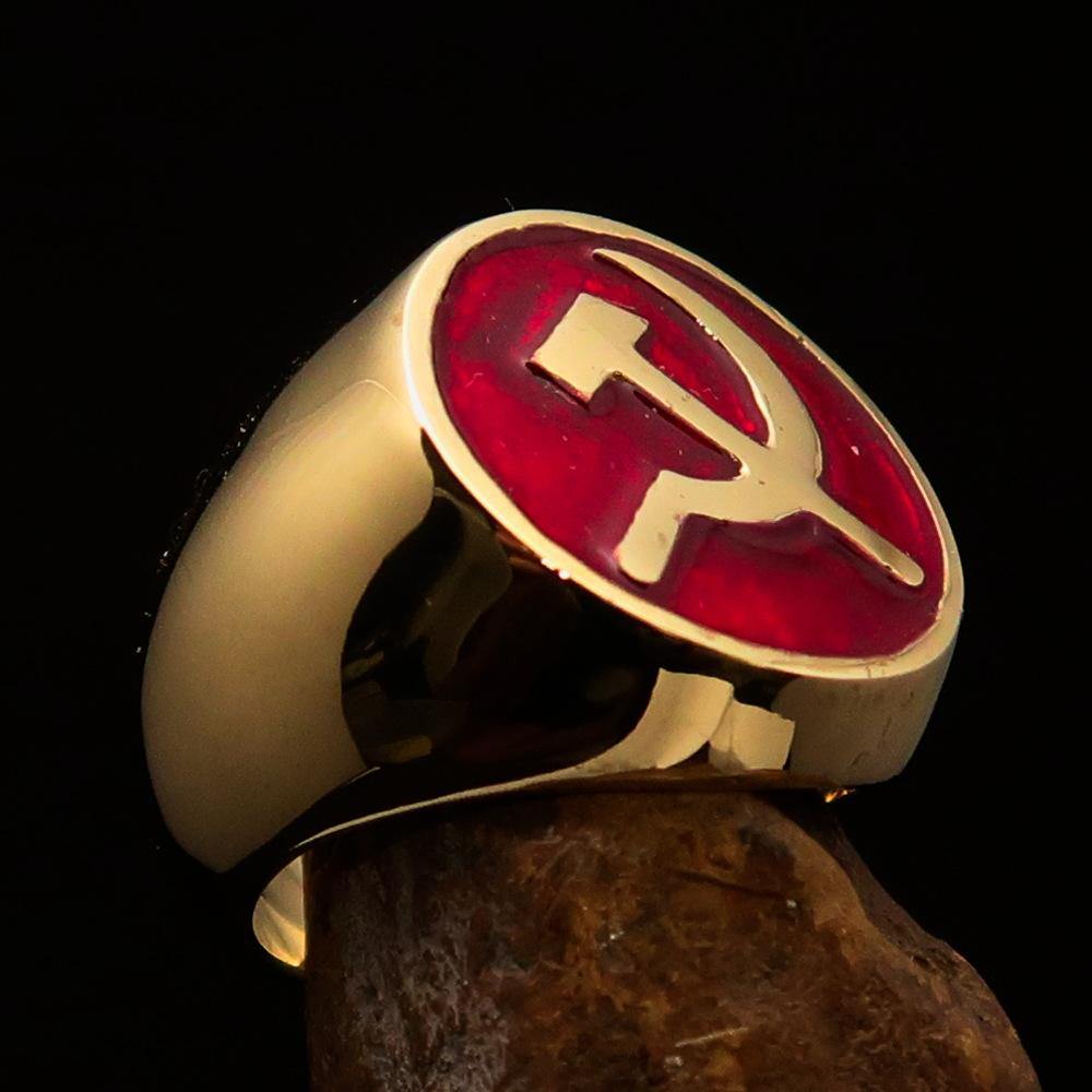 Men's Socialist Ring featuring Hammer and Sickle design, crafted from solid brass with a polished finish and red enamel.