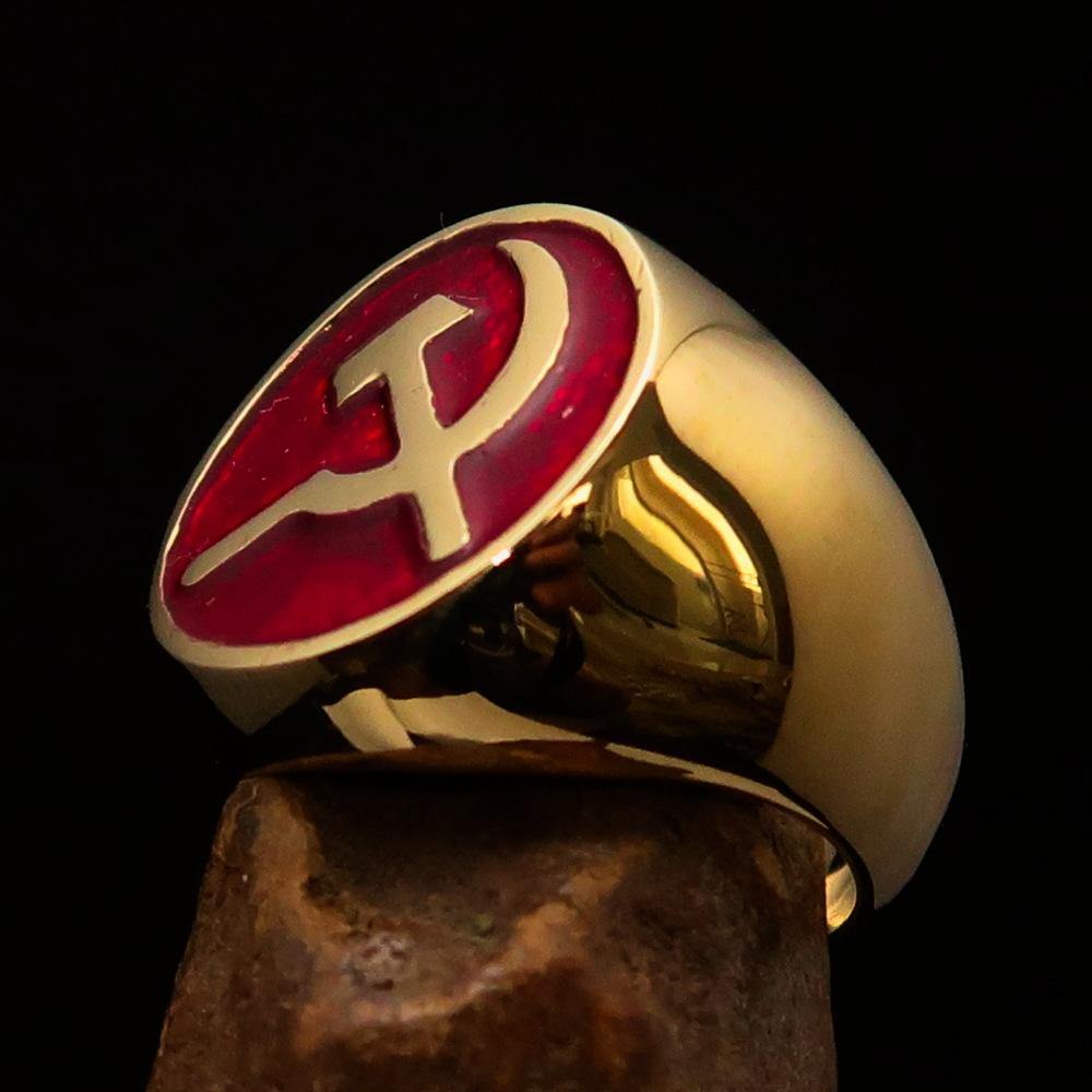 Men's Socialist Ring featuring Hammer and Sickle design, crafted from solid brass with a polished finish and red enamel.