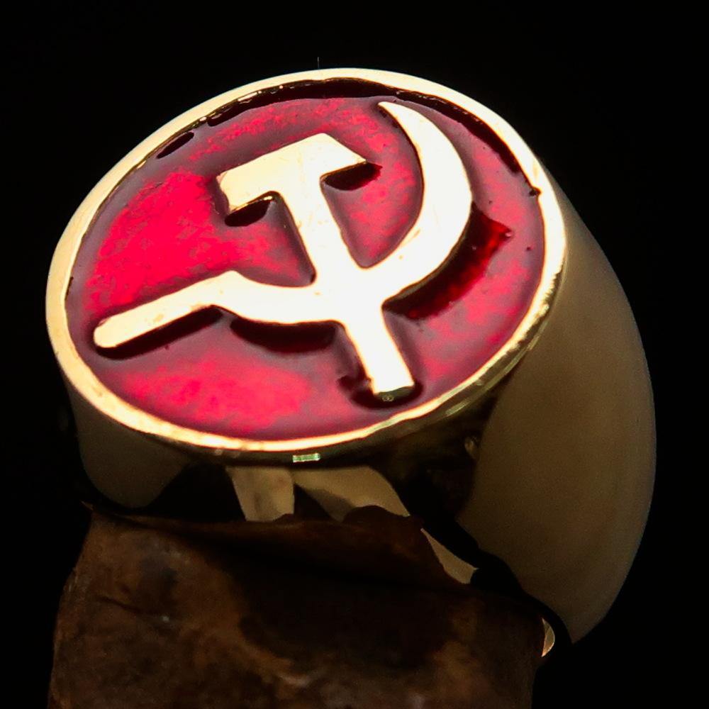 Men's Socialist Ring featuring Hammer and Sickle design, crafted from solid brass with a polished finish and red enamel.