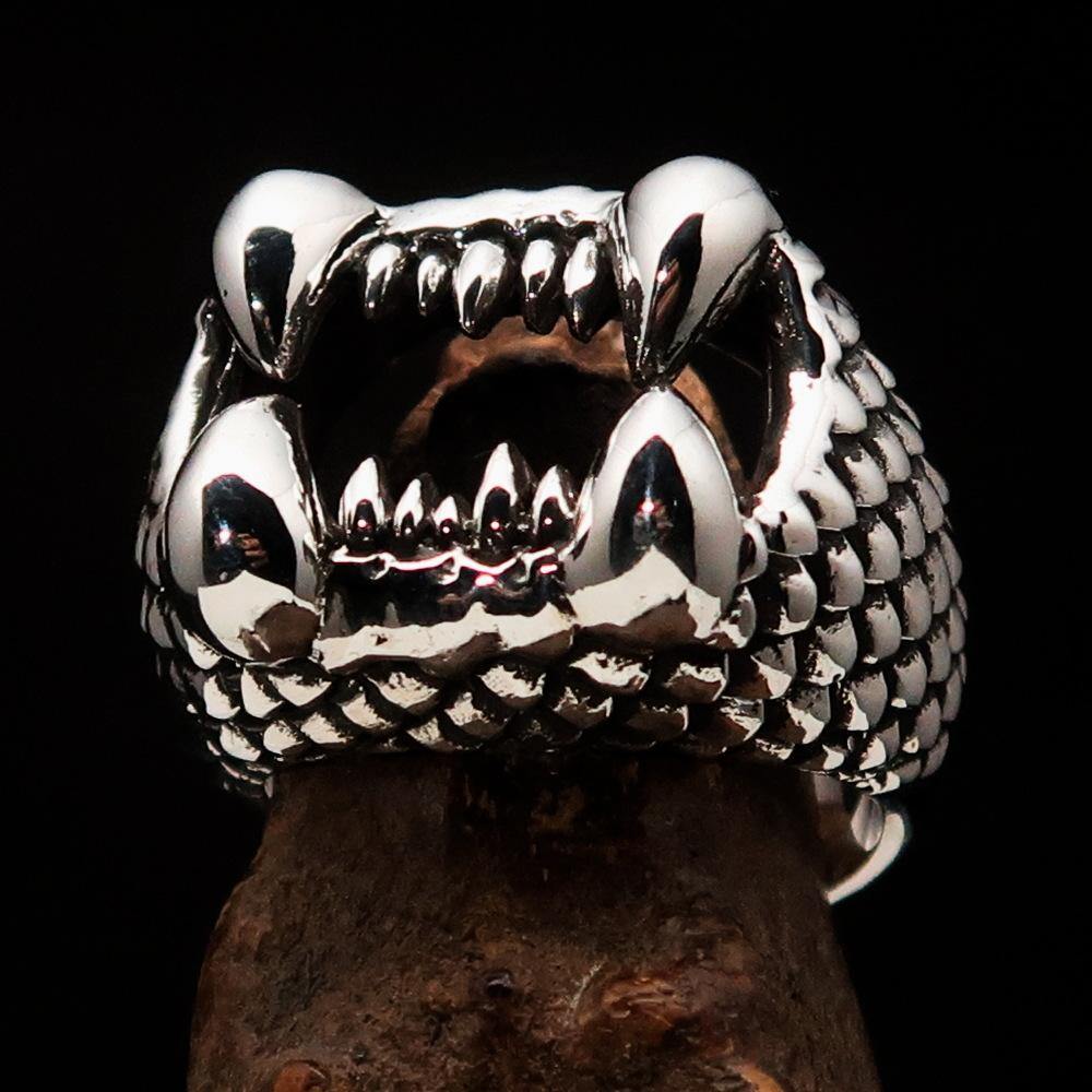 Men's Sterling Silver Zombie Denture Ring with antiqued and polished finish, showcasing unique denture design.