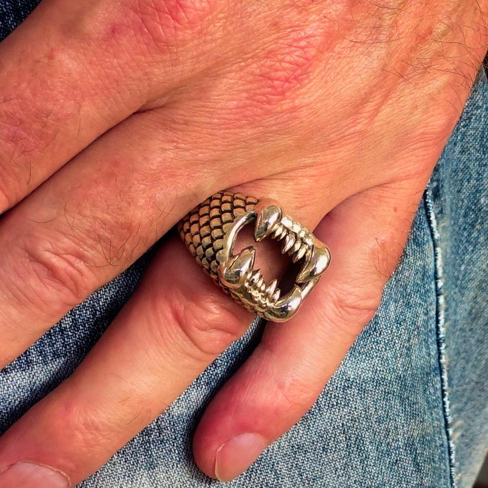 Men's Sterling Silver Zombie Denture Ring with antiqued and polished finish, showcasing unique denture design.