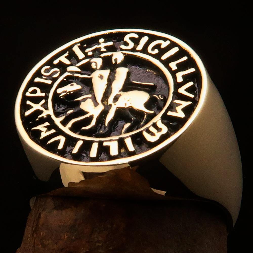 Men's Templar Knight Seal Ring made of solid brass with an antiqued finish, showcasing intricate design and craftsmanship.