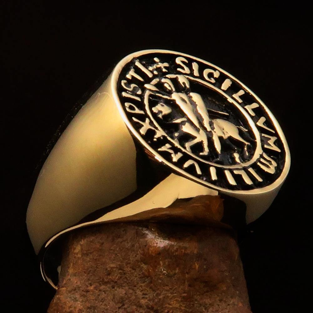 Men's Templar Knight Seal Ring made of solid brass with an antiqued finish, showcasing intricate design and craftsmanship.