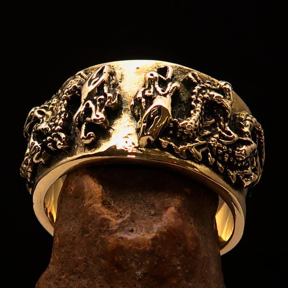 Men's Two Dragon Ring made of solid brass, featuring intricate dragon designs with antiqued and polished finishes.