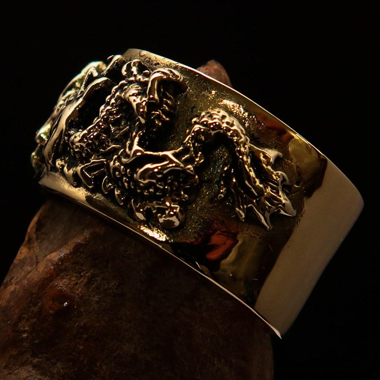 Men's Two Dragon Ring made of solid brass, featuring intricate dragon designs with antiqued and polished finishes.