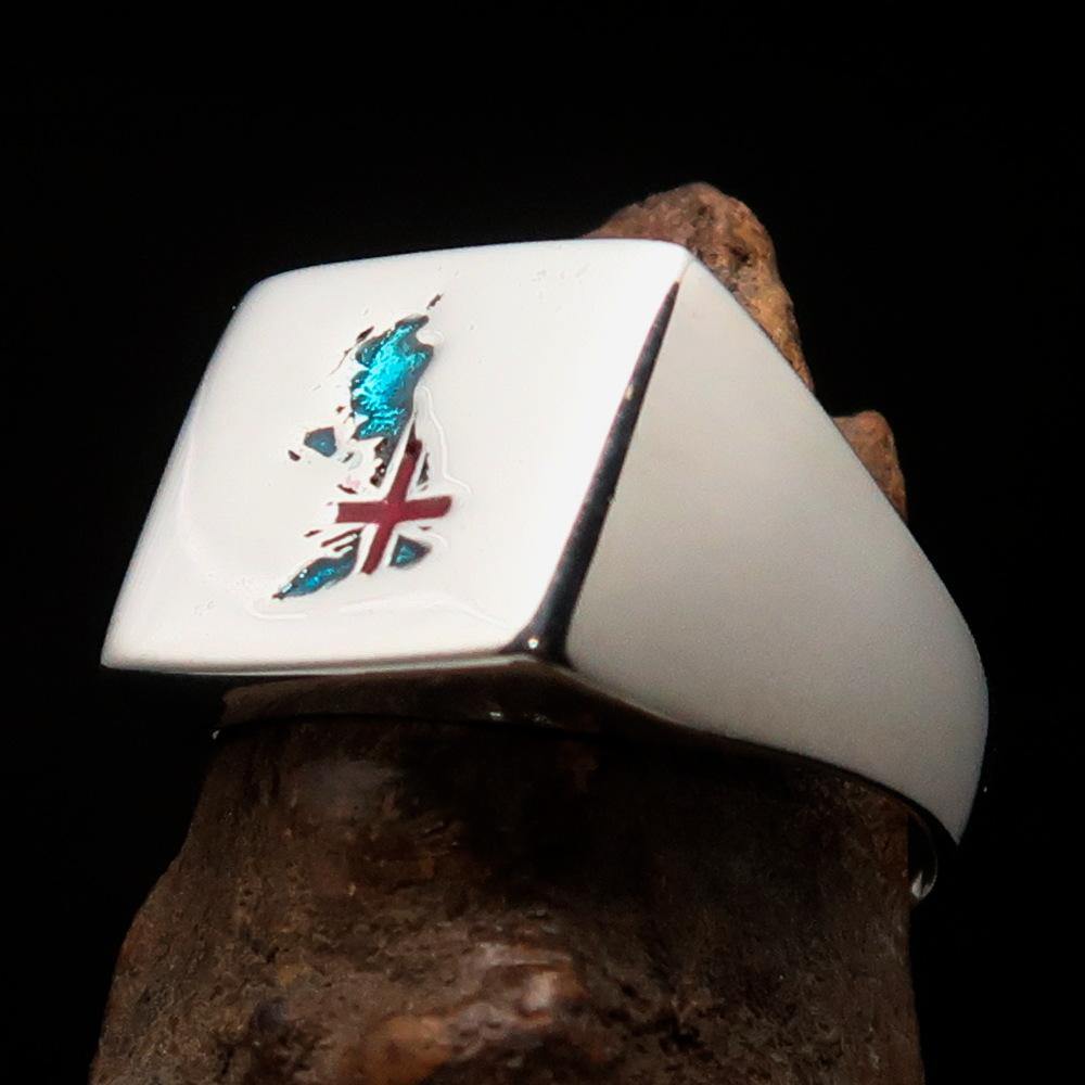 Men's Union Jack Flag Ring made of sterling silver with vibrant enamel detailing, showcasing the iconic British flag design.