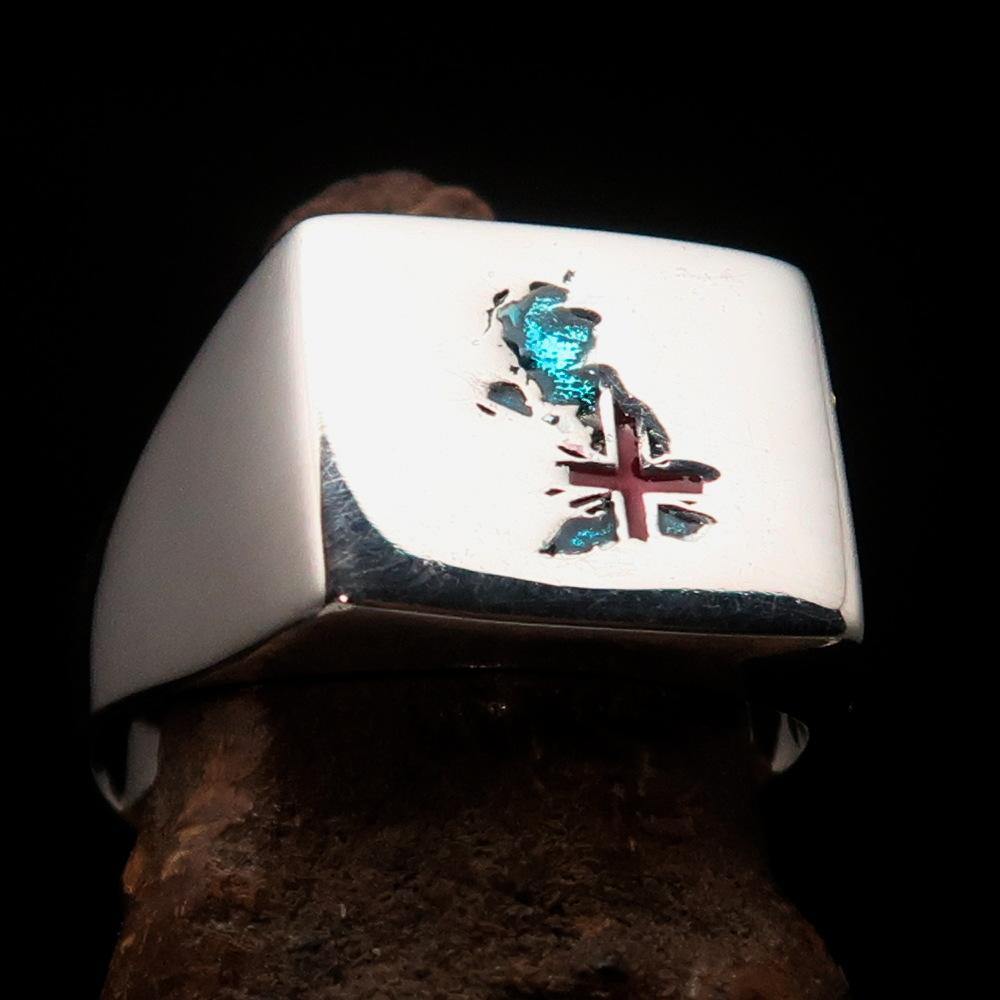 Men's Union Jack Flag Ring made of sterling silver with vibrant enamel detailing, showcasing the iconic British flag design.