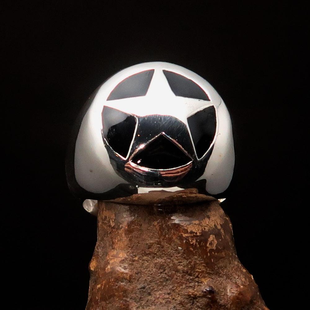 Men's US Marshall Ring in solid sterling silver with a black star design, showcasing high polish and enamel finish.