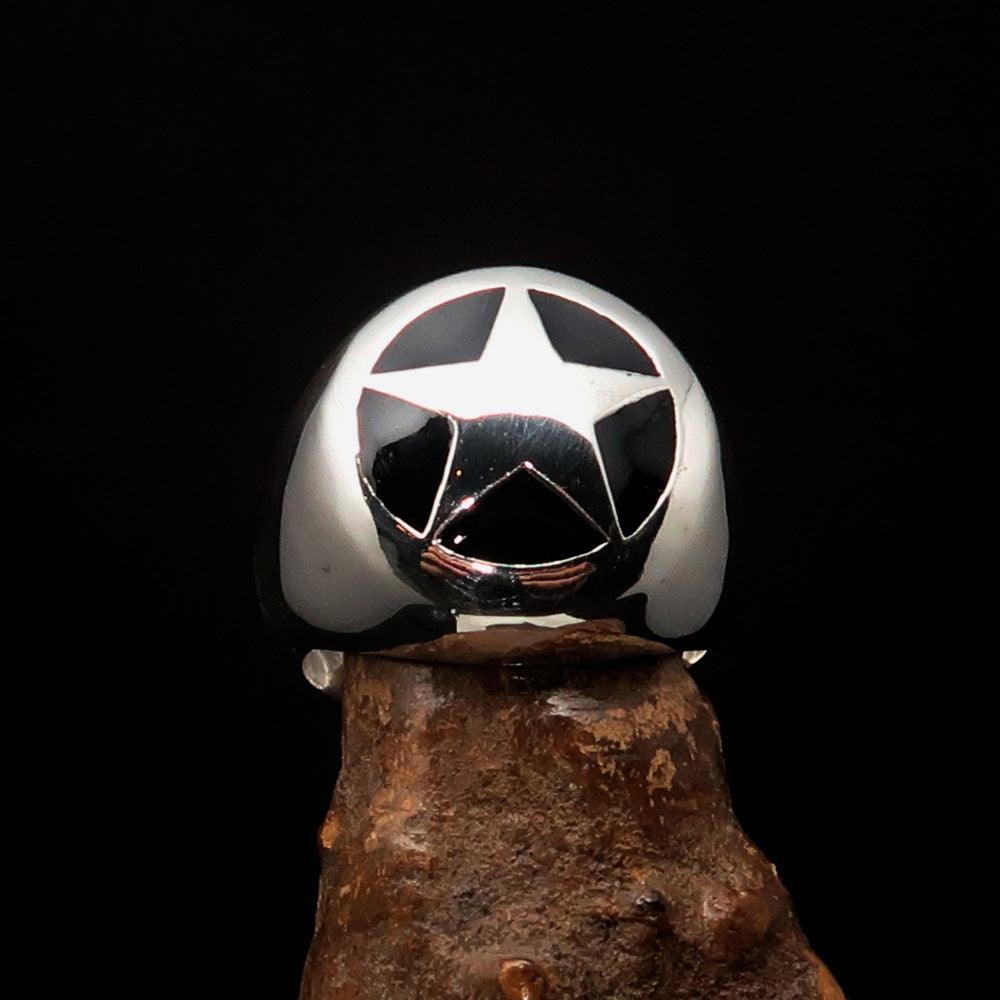 Men's US Marshall Ring in solid sterling silver with a black star design, showcasing high polish and enamel finish.