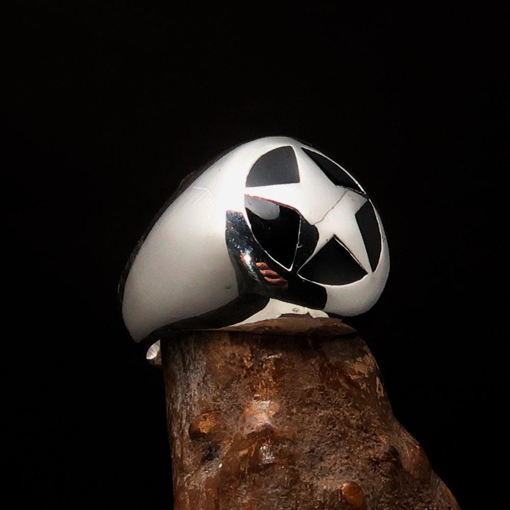 Men's US Marshall Ring in solid sterling silver with a black star design, showcasing high polish and enamel finish.