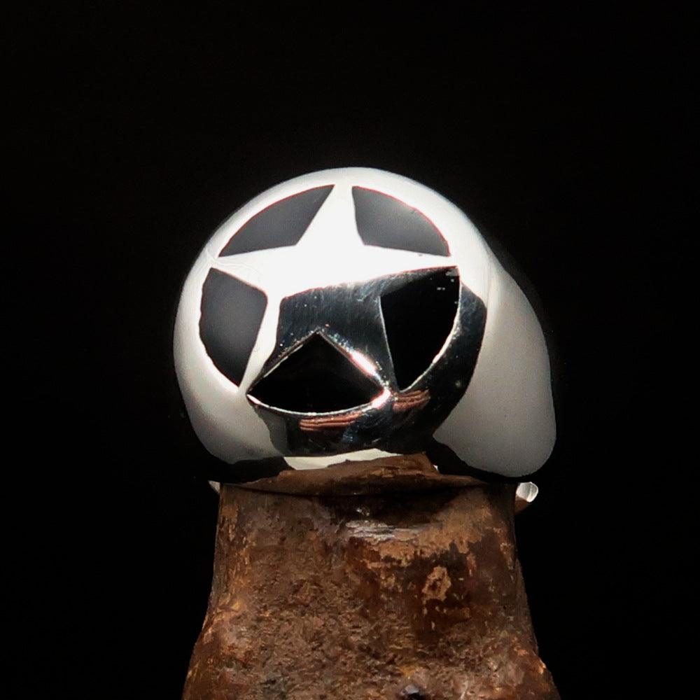 Men's US Marshall Ring in solid sterling silver with a black star design, showcasing high polish and enamel finish.