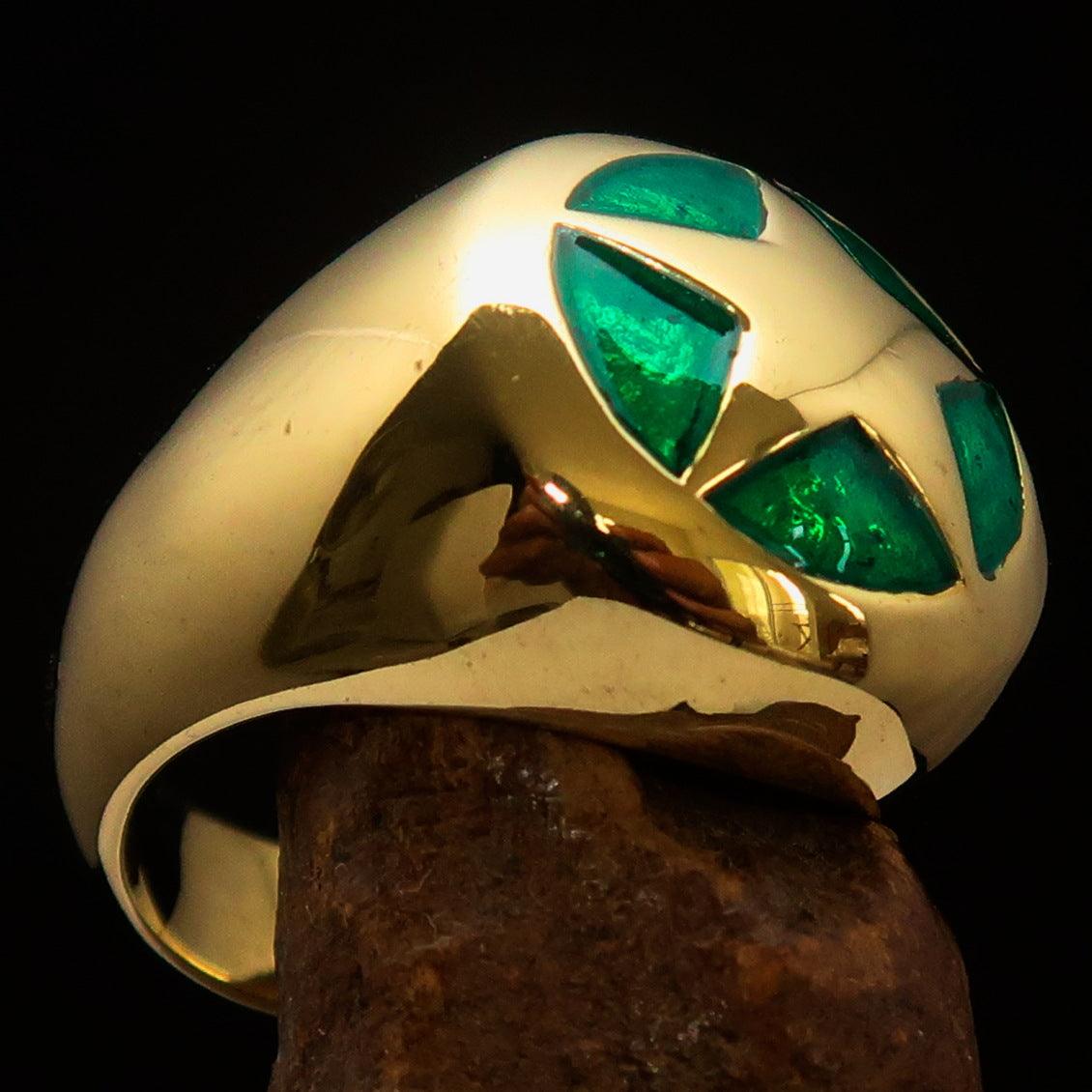 Men's US Marshall Ring made of solid brass featuring a high polished finish and a green enamel star design.