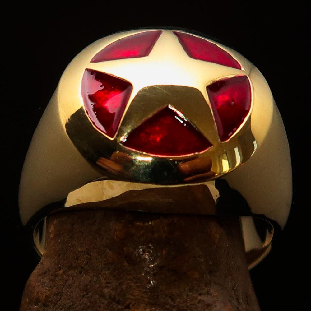 Men's US Marshall Ring made of solid brass featuring a high polished finish and a vibrant red star enamel design.