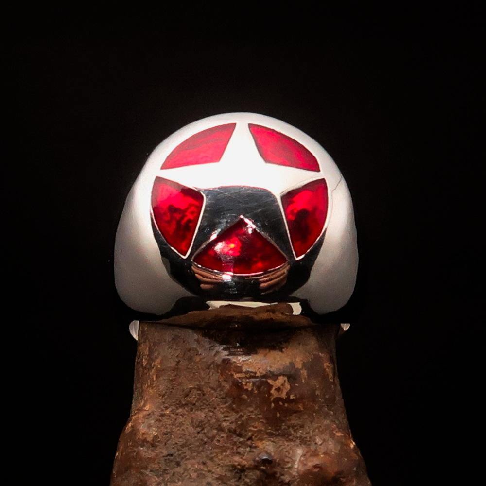 Men's US Marshall Ring in sterling silver with a red star design, showcasing high polish and enamel finish.