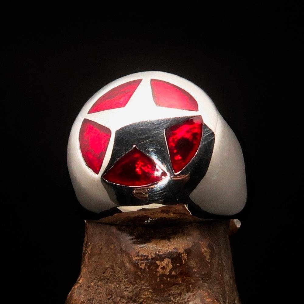 Men's US Marshall Ring in sterling silver with a red star design, showcasing high polish and enamel finish.