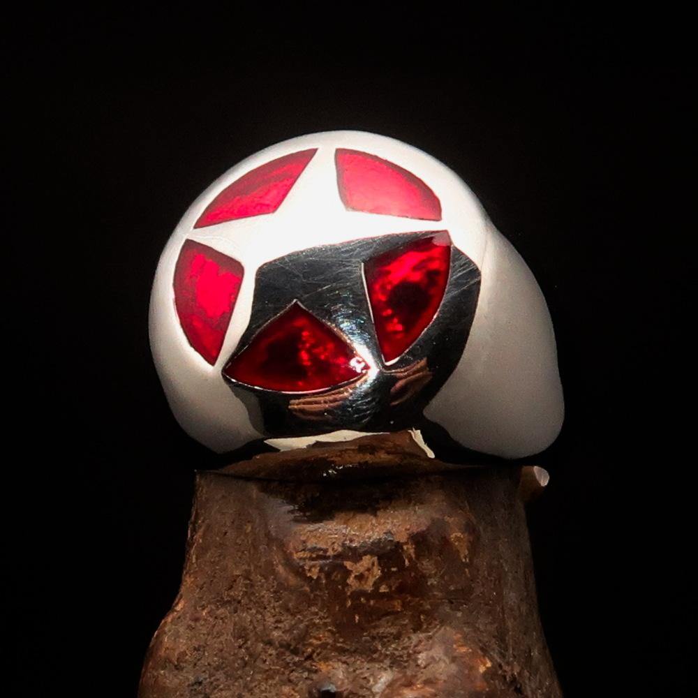 Men's US Marshall Ring in sterling silver with a red star design, showcasing high polish and enamel finish.