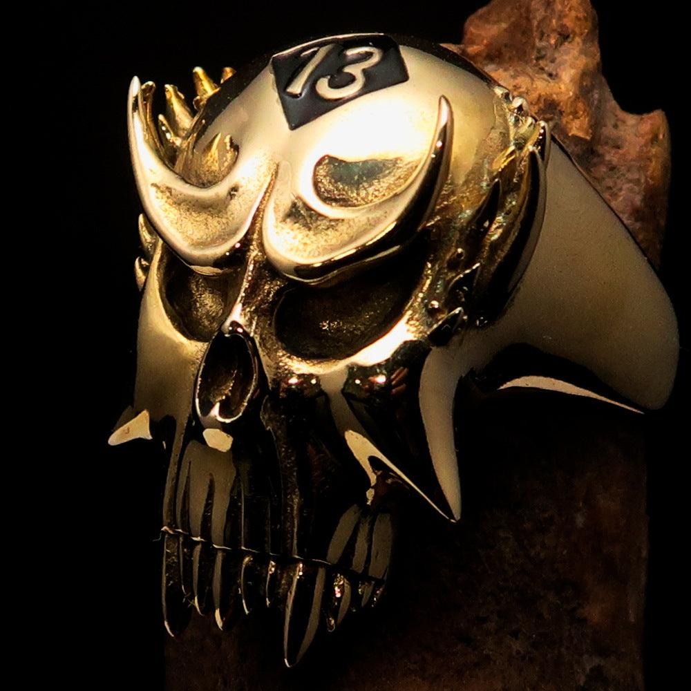 Men's Vampire Skull Ring featuring a black diamond, crafted from solid brass with high polish and black enamel finish.