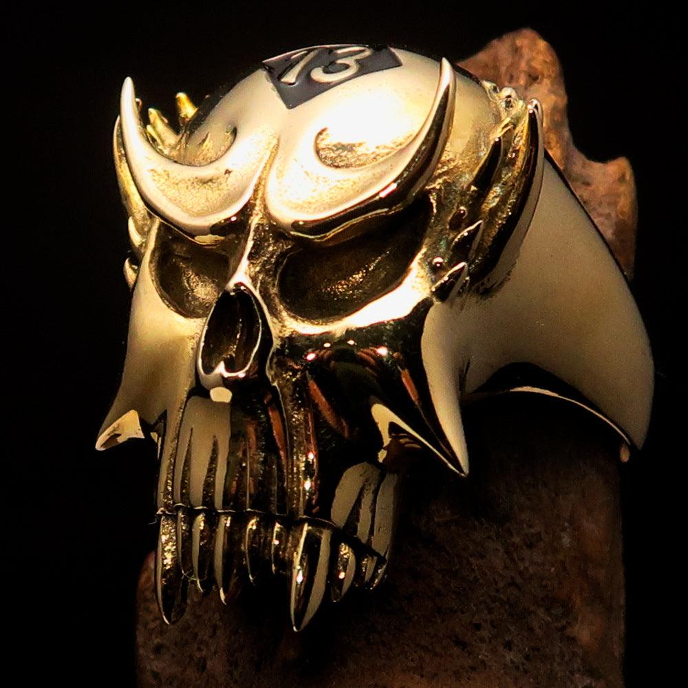 Men's Vampire Skull Ring featuring a black diamond, crafted from solid brass with high polish and black enamel finish.