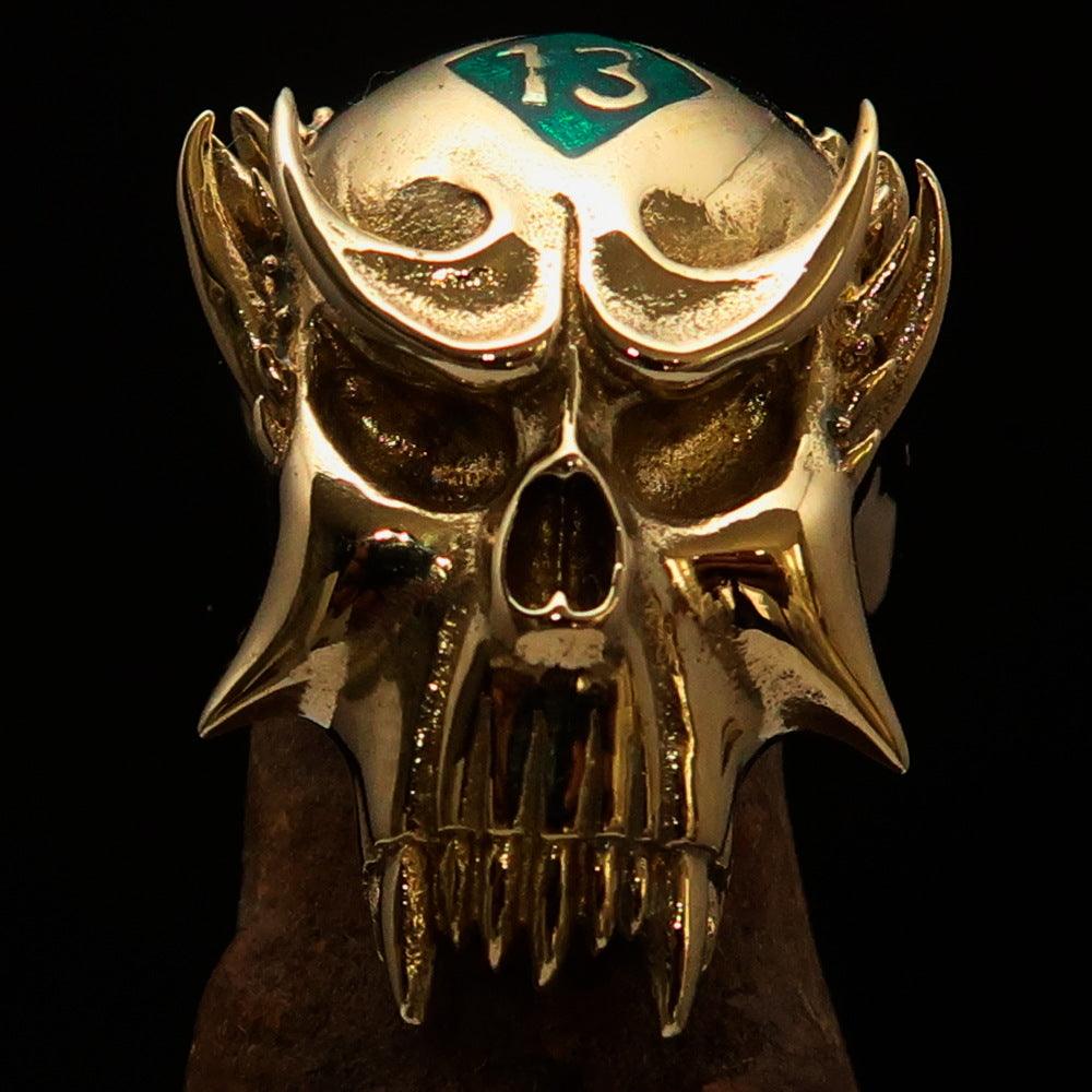 Men's Vampire Skull Ring featuring a green diamond accent, crafted from solid brass with a high polished finish and green enamel.