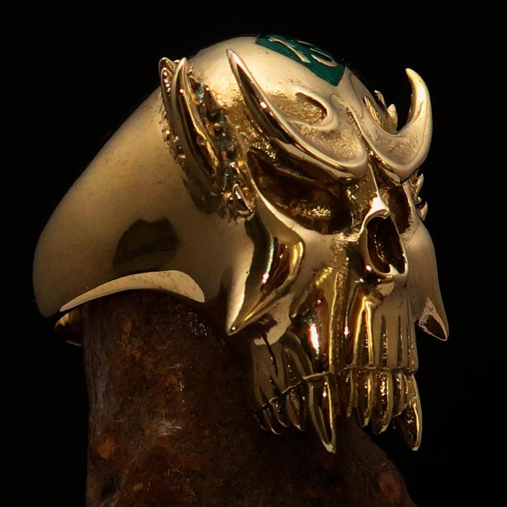 Men's Vampire Skull Ring featuring a green diamond accent, crafted from solid brass with a high polished finish and green enamel.