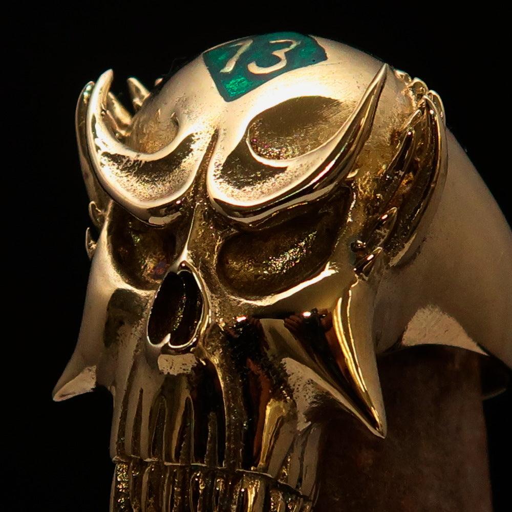 Men's Vampire Skull Ring featuring a green diamond accent, crafted from solid brass with a high polished finish and green enamel.