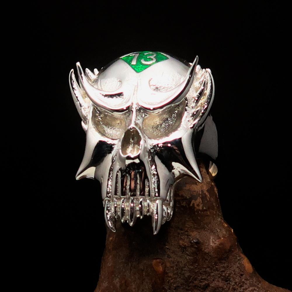 Men's Vampire Skull Ring crafted from sterling silver with a green diamond, featuring intricate detailing and a high polished finish.