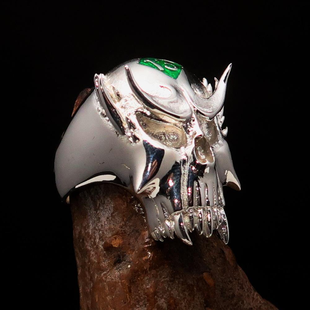 Men's Vampire Skull Ring crafted from sterling silver with a green diamond, featuring intricate detailing and a high polished finish.