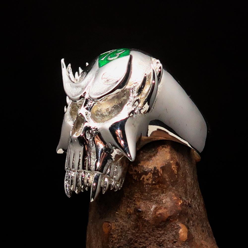 Men's Vampire Skull Ring crafted from sterling silver with a green diamond, featuring intricate detailing and a high polished finish.