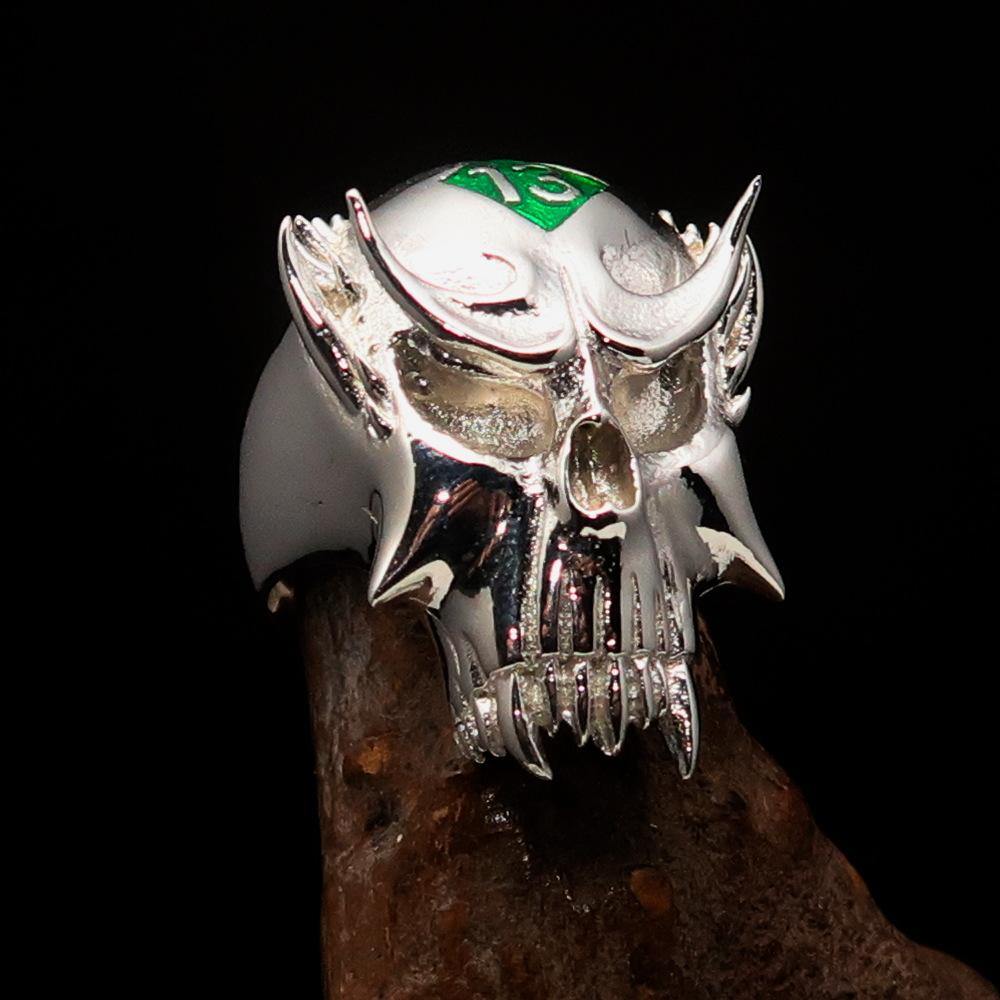 Men's Vampire Skull Ring crafted from sterling silver with a green diamond, featuring intricate detailing and a high polished finish.