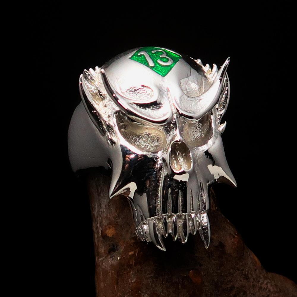 Men's Vampire Skull Ring crafted from sterling silver with a green diamond, featuring intricate detailing and a high polished finish.